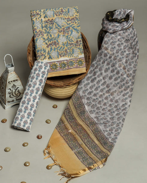 Designer Hand Block Print Cotton Suit Set with Kota Doria Dupatta (3CKD79)